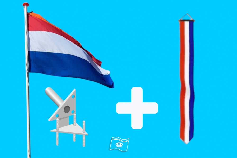 Koningsdag actie; Vlaggenmast polyester 7 meter + vlag Nederland + wimpel oranje + wimpel Nederland
