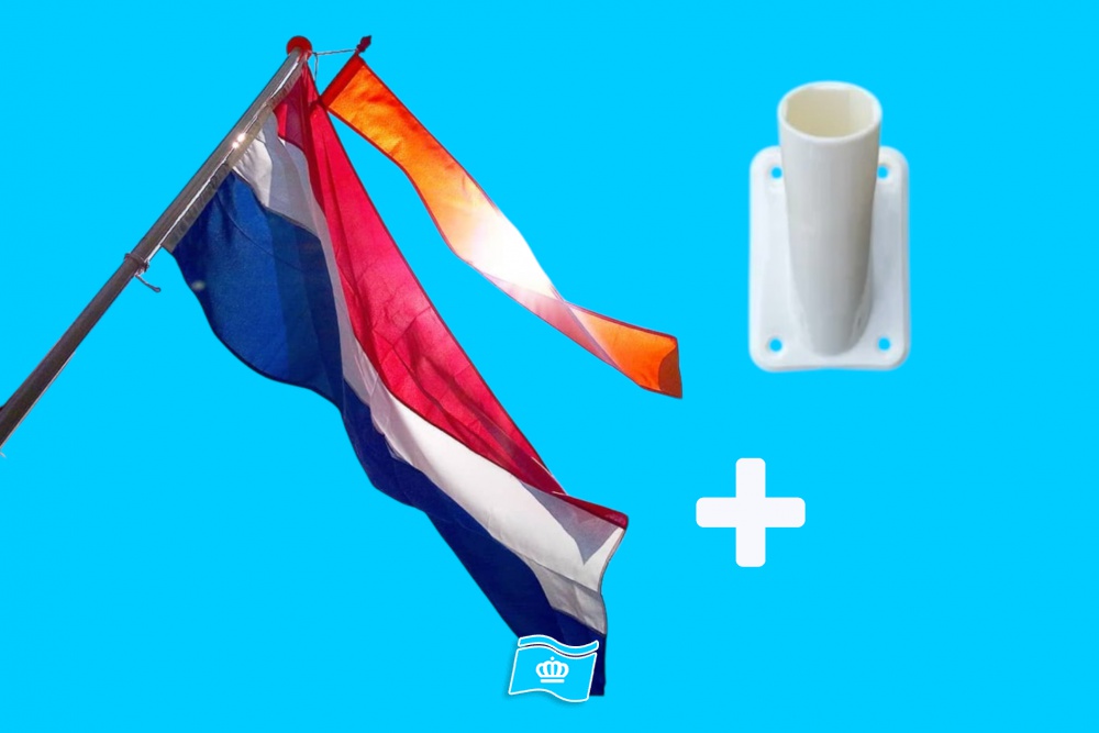 Koningsdag actie; Vlaggenstok Aluminium 2 meter + vlag Nederland + wimpel oranje + muurhouder