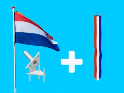 Koningsdag actie; Vlaggenmast polyester 7 meter + vlag Nederland + wimpel oranje + wimpel Nederland