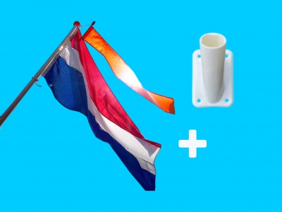 Koningsdag actie; Vlaggenstok Aluminium 2 meter + vlag Nederland + wimpel oranje + muurhouder