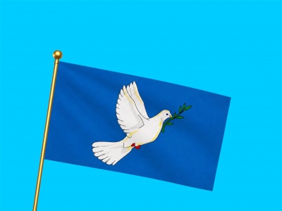 Vredesvlag duif met blauwe achtergrond 150x225 cm